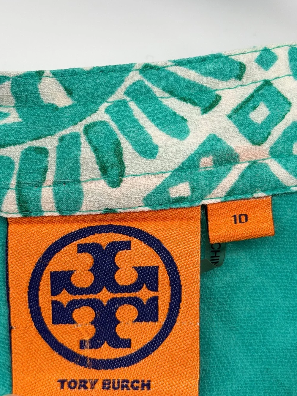 Tory Burch Silk Tunic Blouse Teal Ivory Sequin Print Size 10